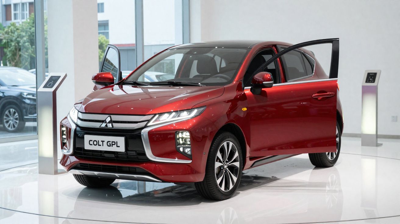 Carro vermelho Mitsubishi Colt GPL em exposição, portas dianteiras abertas, ambiente interno iluminado.