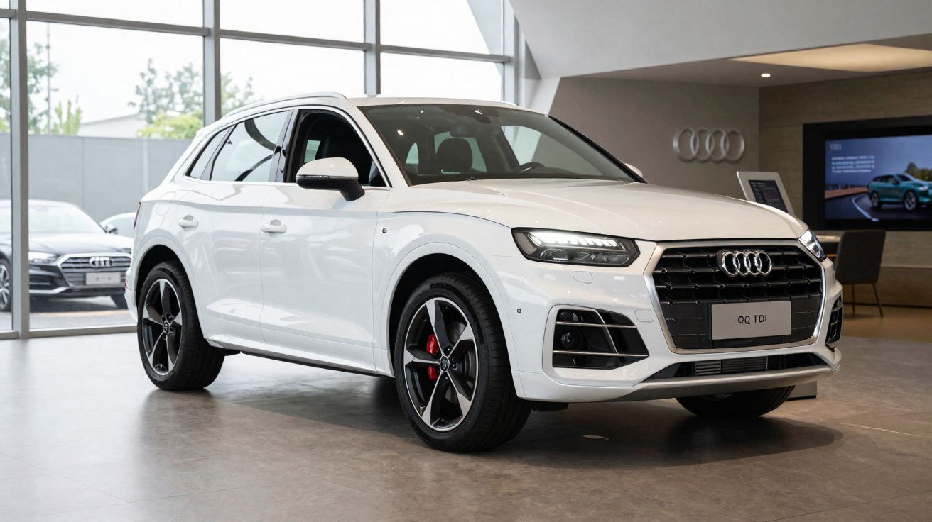 SUV branco Audi Q5 TDI em showroom com rodas esportivas e detalhes em preto e vermelho.
