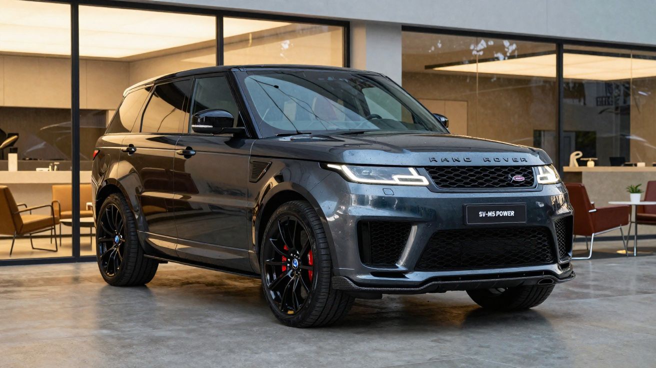 SUV SUV Range Rover cinza estacionado em área interna com parede de vidro ao fundo.
