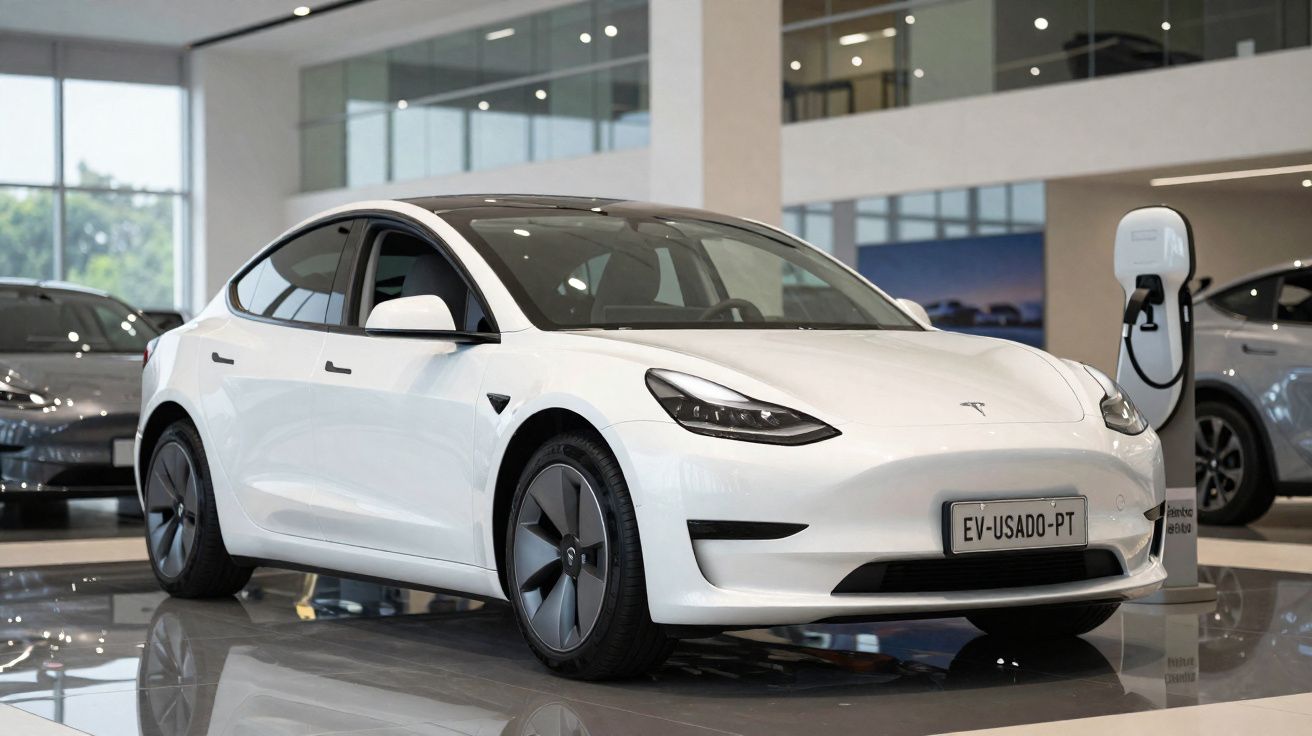 Carro elétrico Tesla branco estacionado dentro de showroom moderno com estação de carregamento.