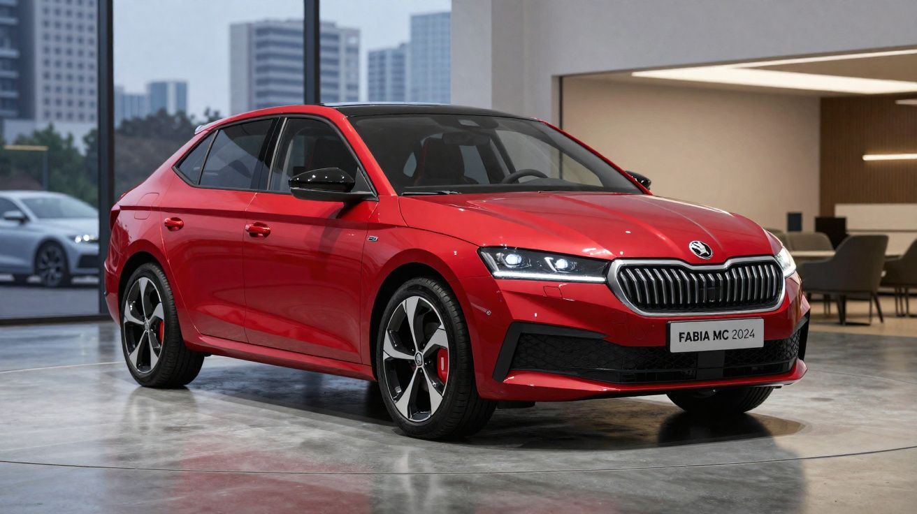 Carro vermelho Skoda Fabia MC 2024 em exposição, com prédio ao fundo e área interna moderna.