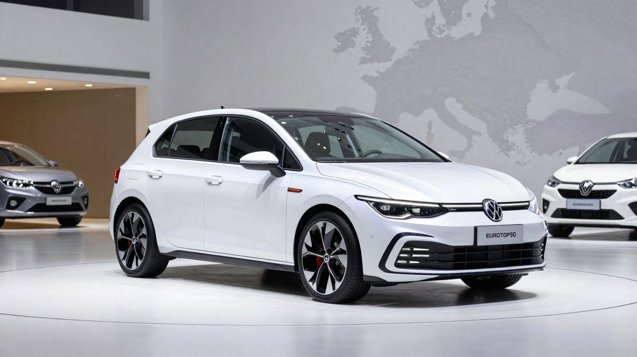 Carro branco Volkswagen Golf 8 esportivo exibido em salão de automóveis com dois outros carros ao fundo.