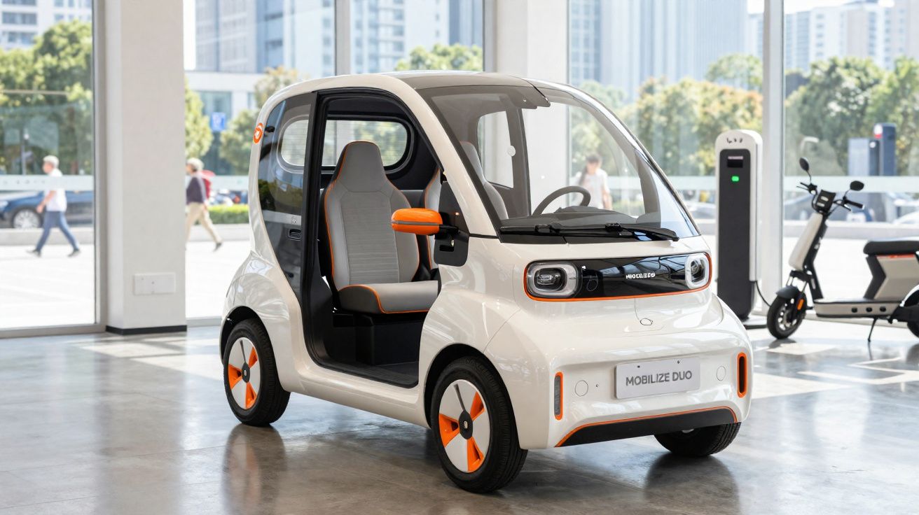 Carro elétrico compacto branco com detalhes laranja estacionado em área urbana moderna.