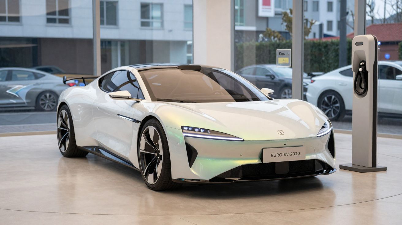Carro elétrico branco modelo Euro EV-2030 estacionado em showroom ao lado de estação de recarga.