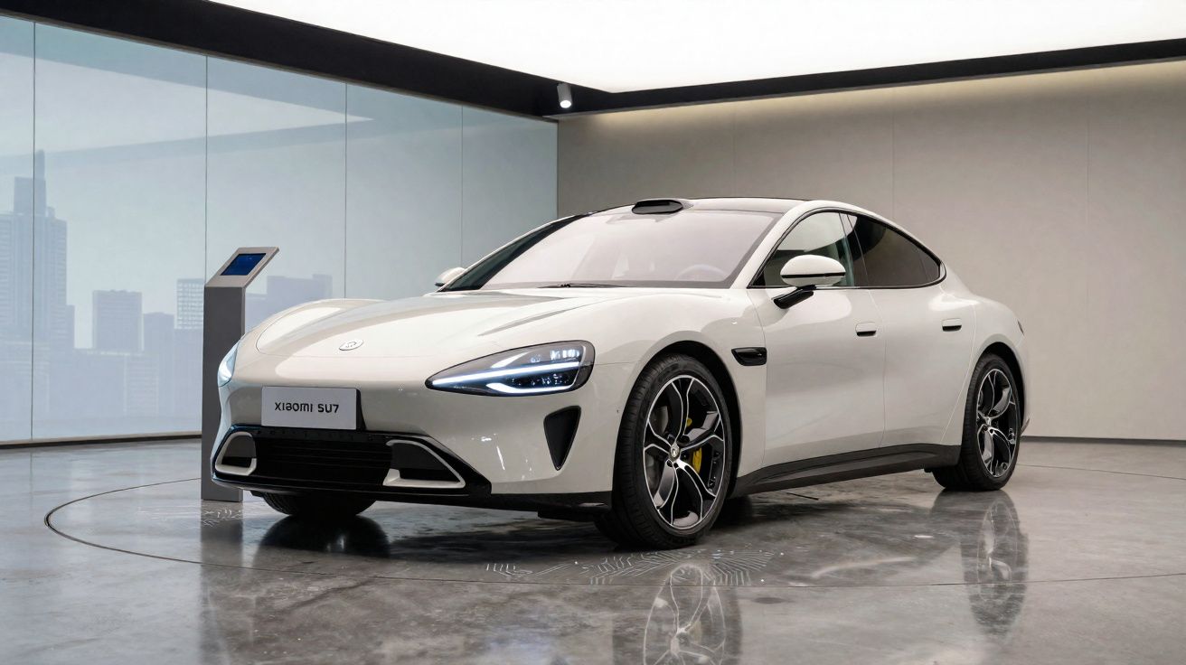 Carro elétrico branco Xiaomi SU7 em exposição interna com piso refletivo e fundo neutro.