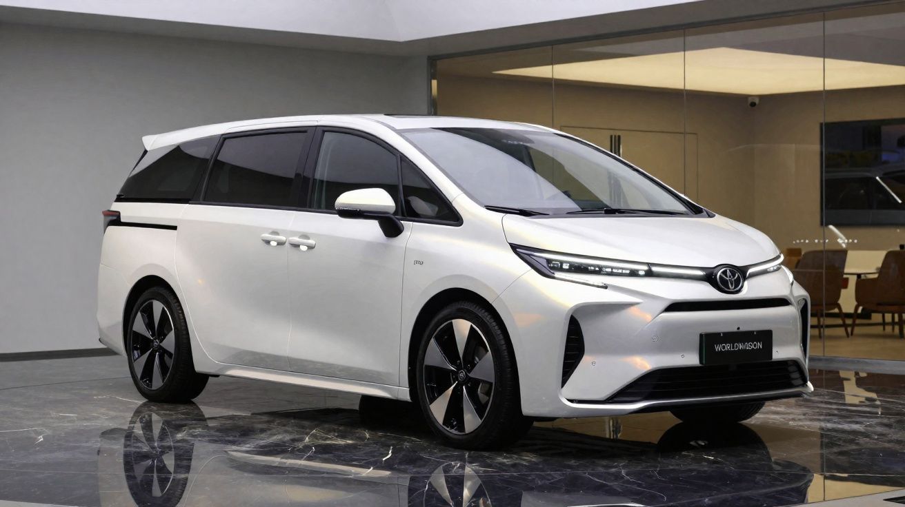Minivan branca da Toyota estacionada em piso de mármore, com ambiente moderno de vidro ao fundo.