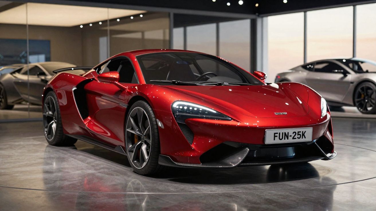 Carro esportivo vermelho estacionado em salão moderno com dois carros ao fundo e iluminação indireta.