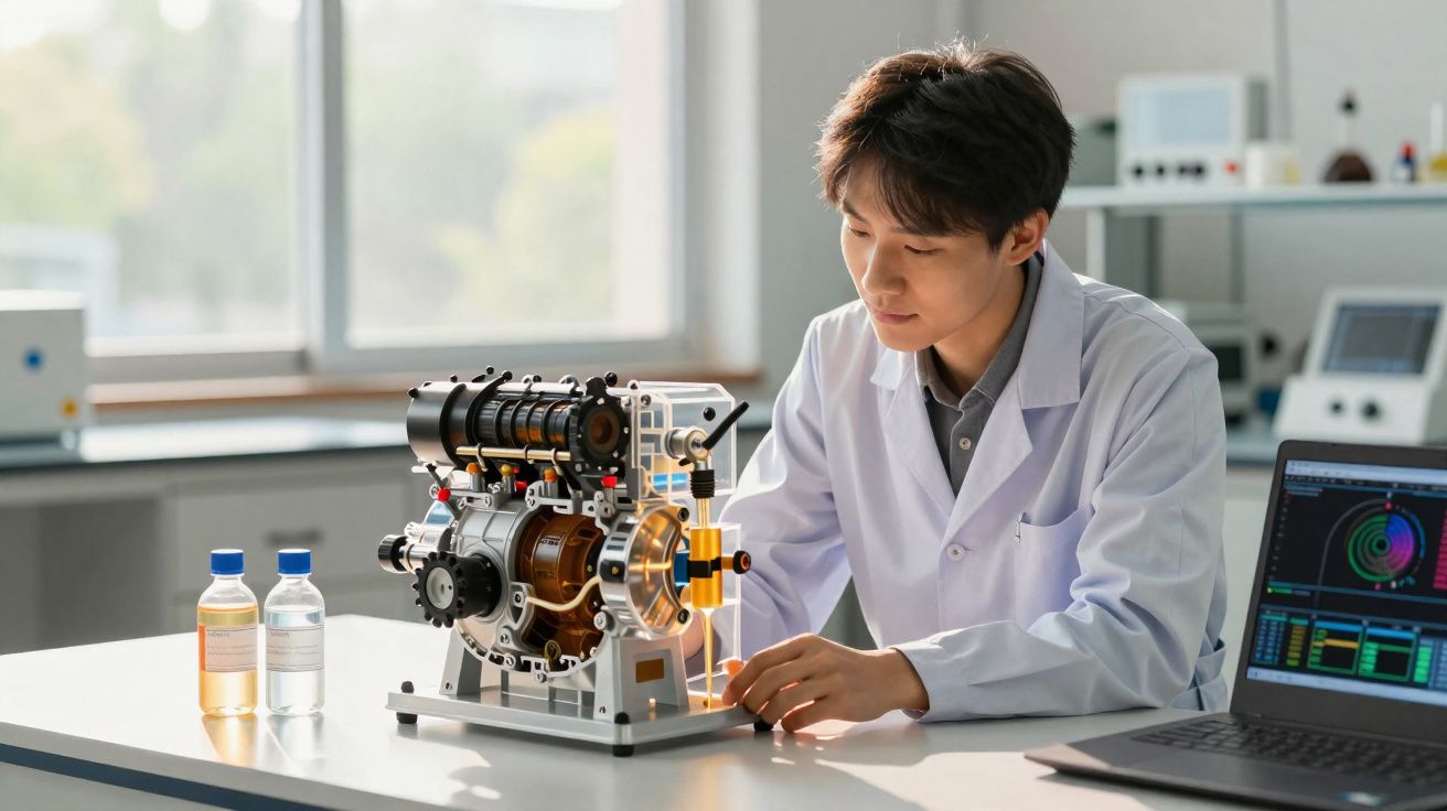 Jovem cientista em laboratório ajusta modelo de motor enquanto computador exibe dados ao lado.