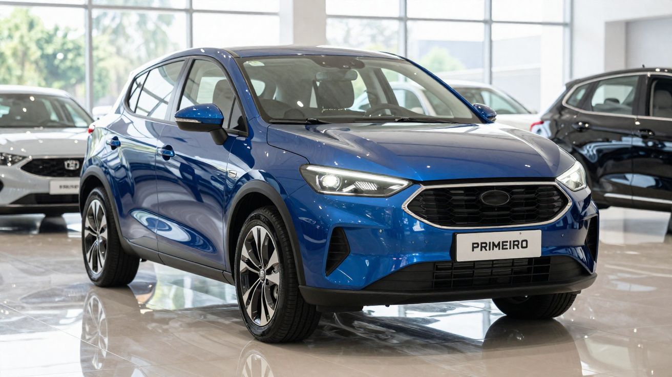 Carro SUV azul exposto em showroom com placas escrito "Primeiro" e vidro refletindo luz natural.