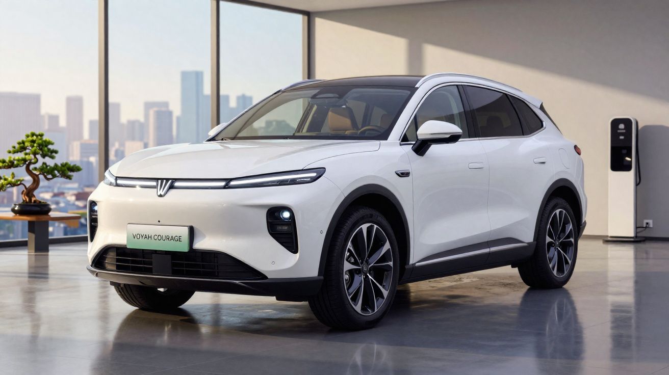Carro elétrico branco modelo SUV estacionado em garagem moderna com carregador ao fundo.