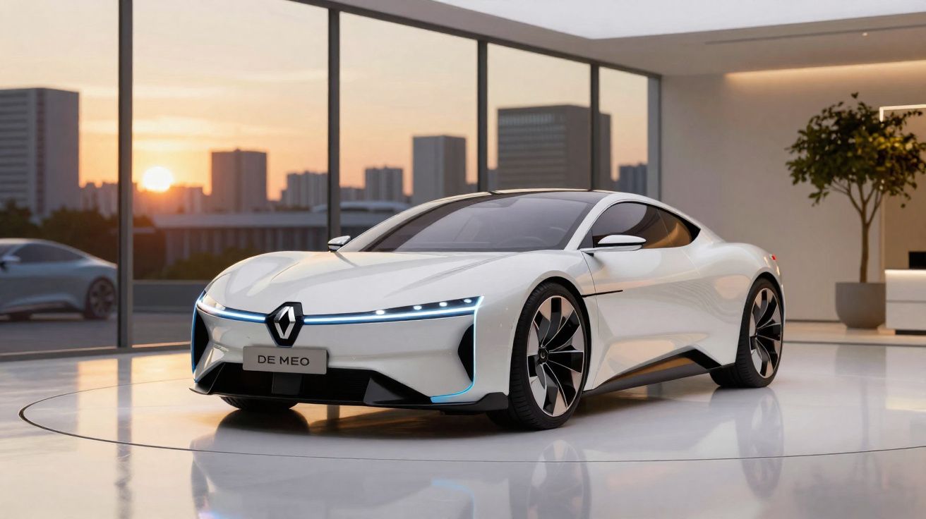 Carro esportivo elétrico branco Renault De Meo em showroom moderno com vista para o pôr do sol na cidade.