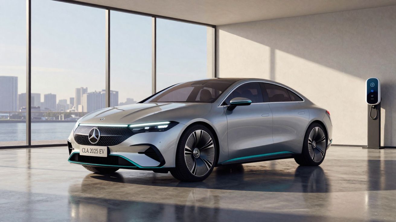 Carro elétrico Mercedes-Benz prata modelo CLA 2025 EV estacionado em ambiente moderno com janela ampla e carregador.