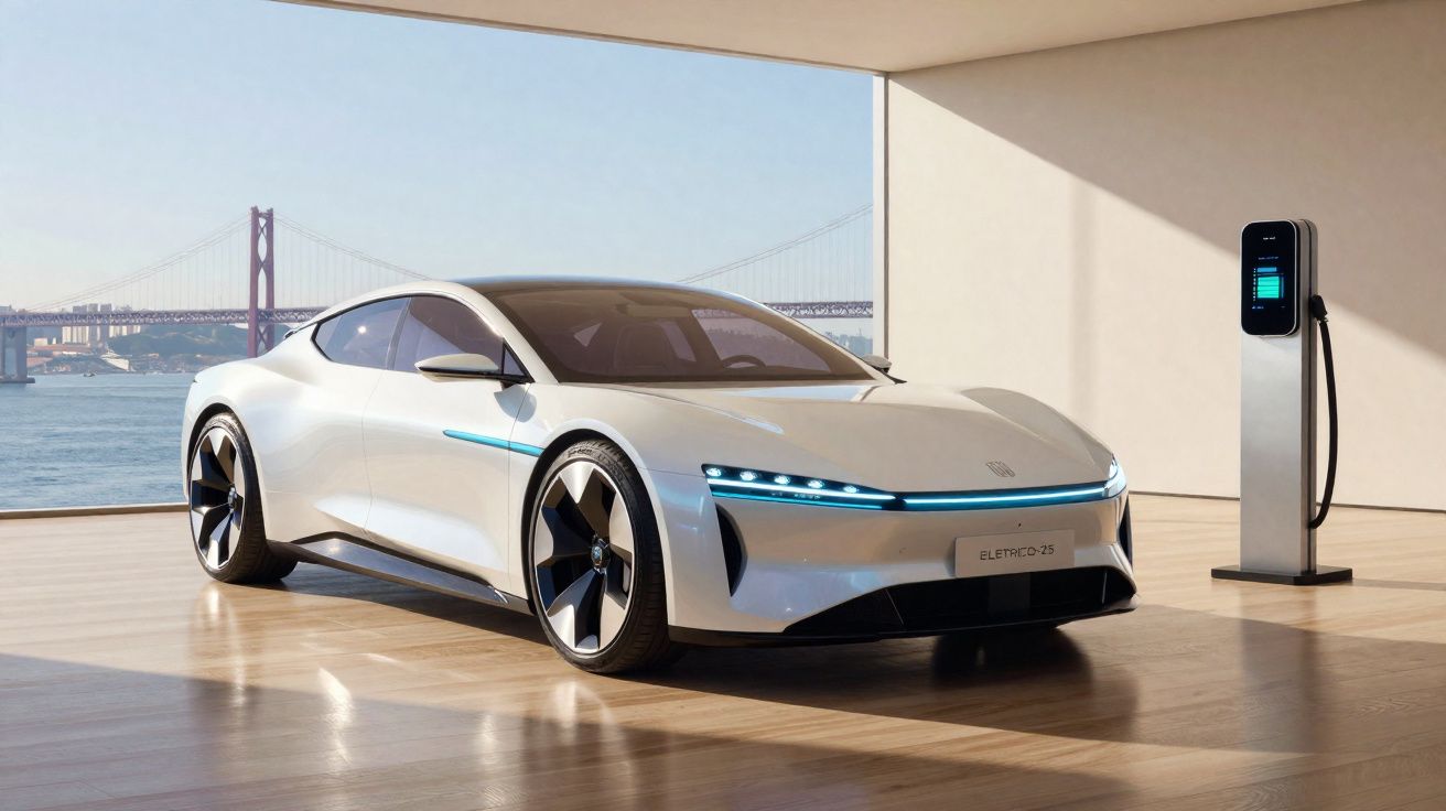 Carro elétrico branco moderno estacionado em ambiente interno ao lado de estação de recarga com ponte ao fundo.