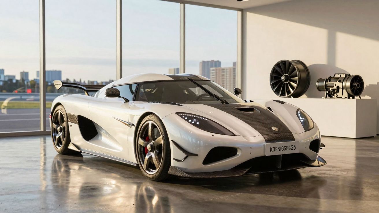Carro esportivo branco Koenigsegg estacionado em galeria com piso de concreto e grandes janelas.