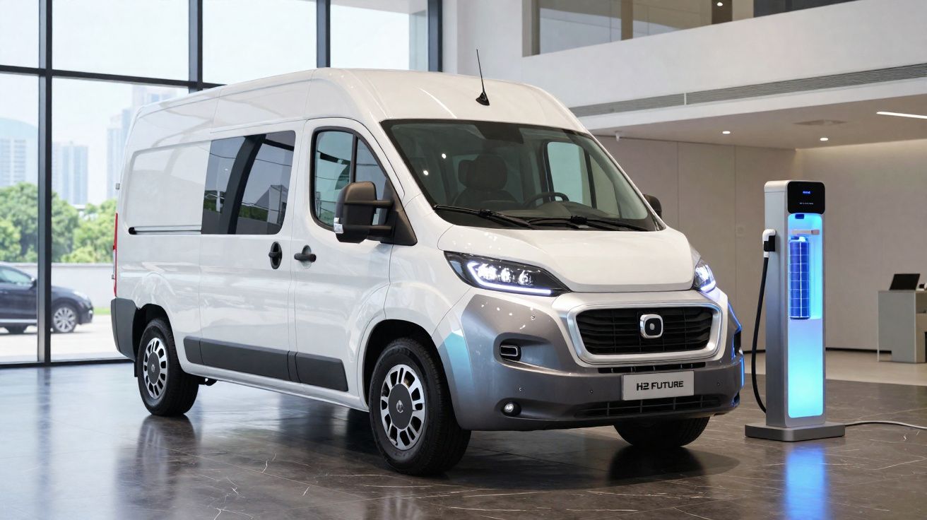 Van elétrica branca estacionada em ambiente interno próximo a um carregador azul e branco.