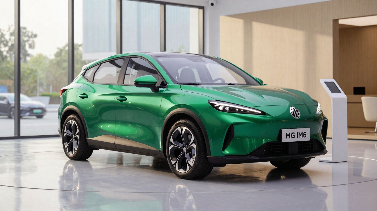 Carro elétrico verde MG IM6 estacionado dentro de showroom moderno e iluminado.