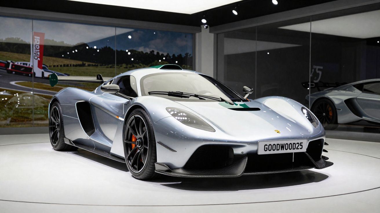 Carro esportivo McLaren Prata exibido em plataforma circular em evento automotivo.