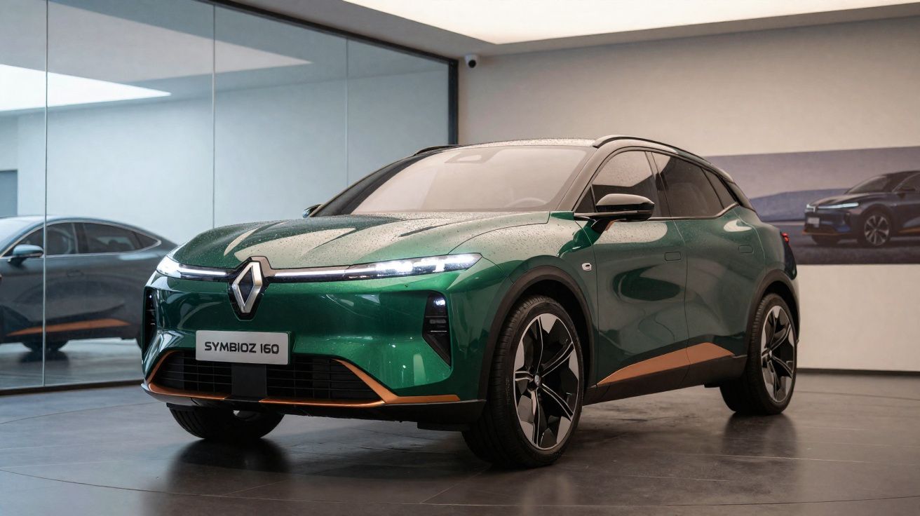 Carro elétrico verde Renault Symbioz 160 exibido em salão moderno com piso cinza e parede de vidro.