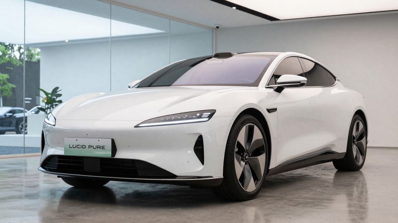 Carro elétrico branco Lucid Pure estacionado em showroom moderno com piso de concreto polido.