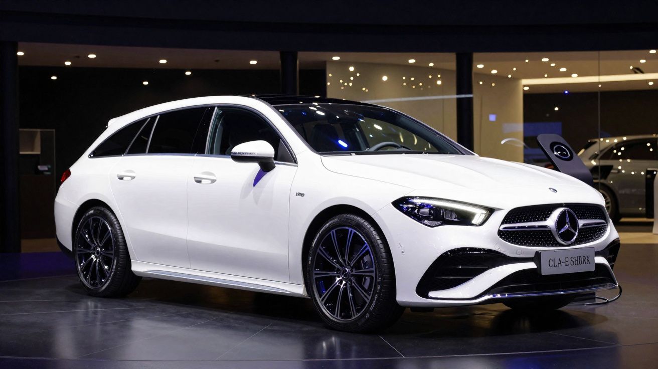 Carro Mercedes-Benz CLA Branco em exposição, vista frontal lateral direita, ambiente interno iluminado.