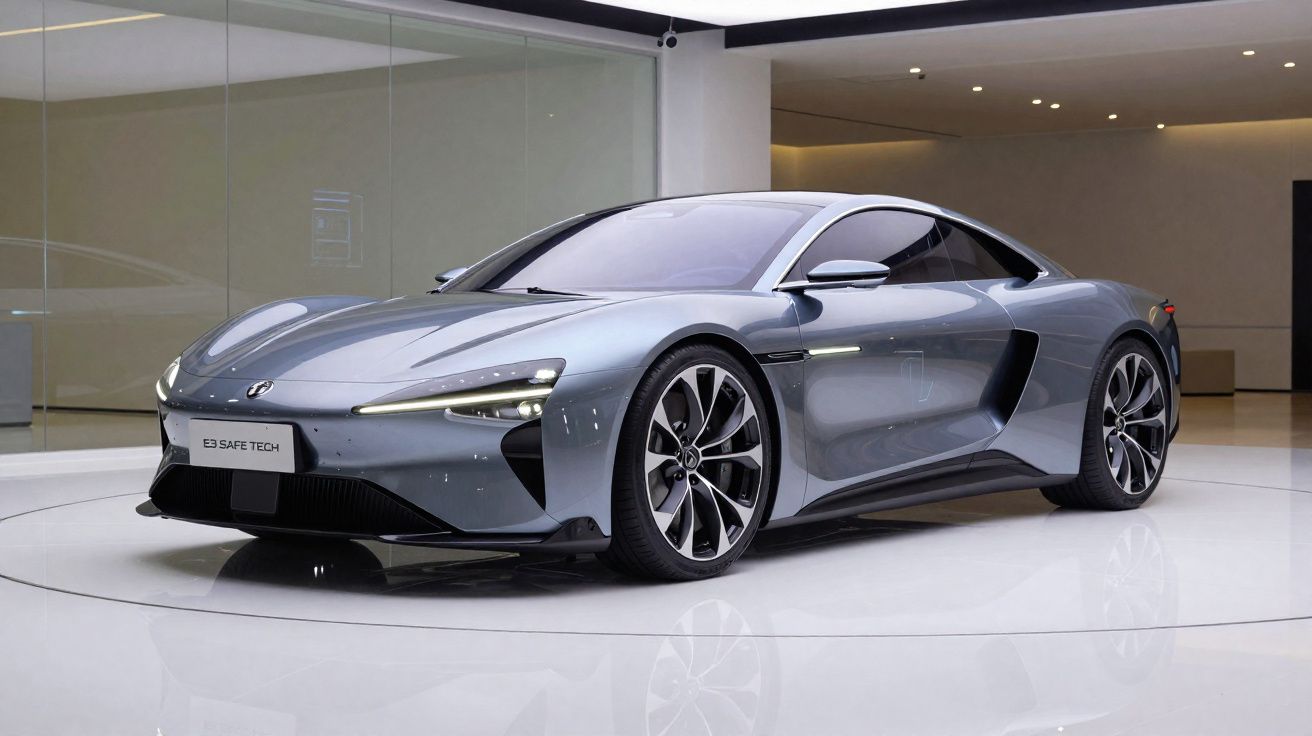 Carro esportivo elétrico cinza estacionado em ambiente interno moderno e minimalista.