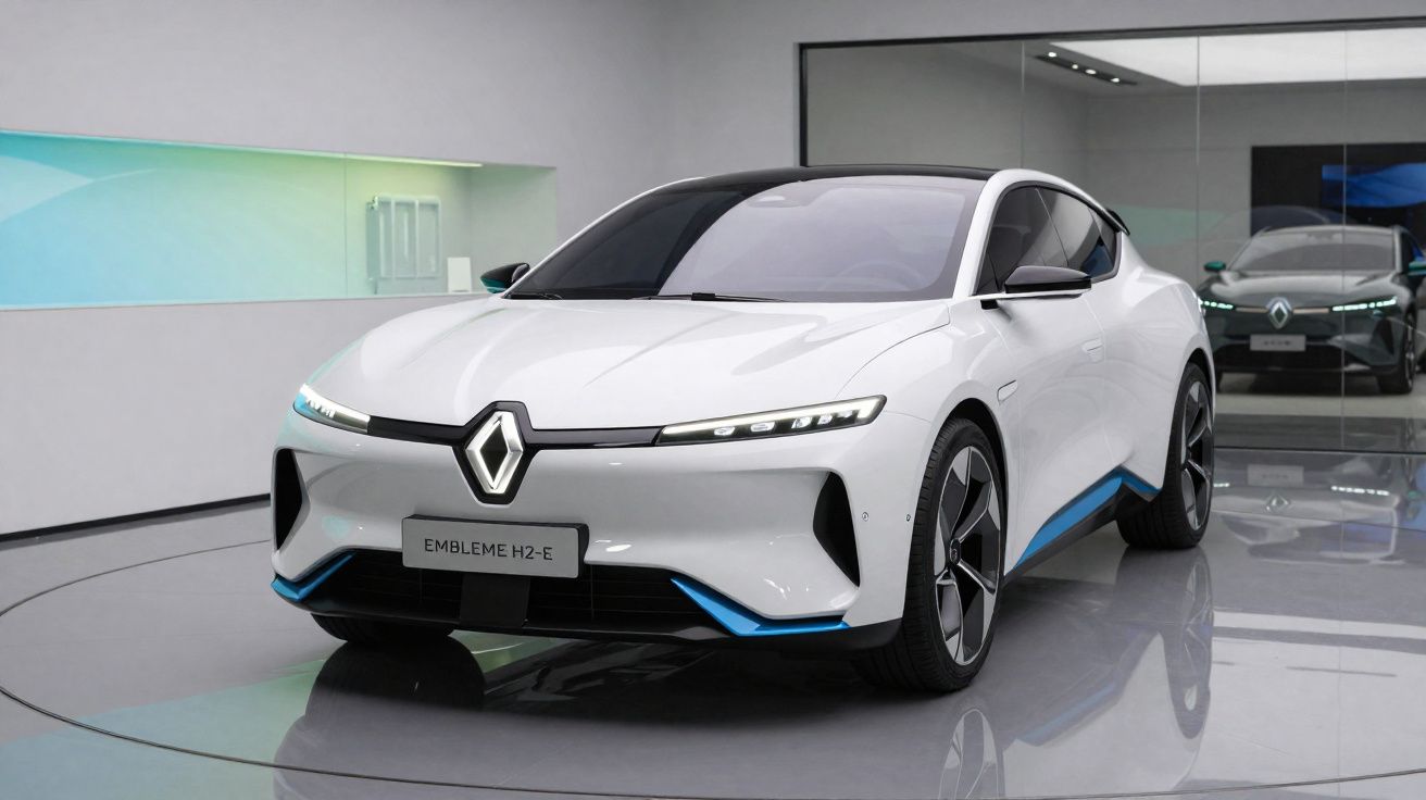 Carro elétrico branco Renault Embleme H2-E em exposição em ambiente moderno e iluminado.