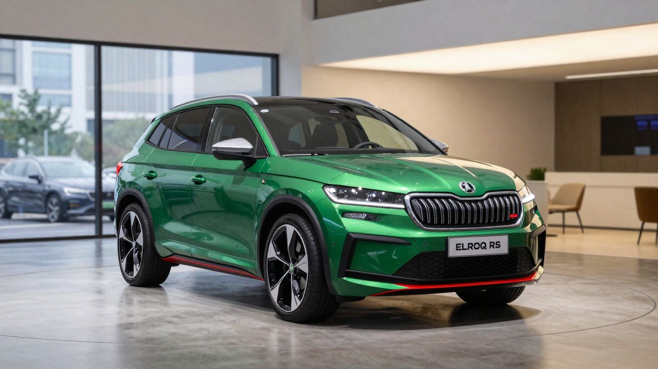 Carro SUV verde Skoda Elroq RS estacionado em ambiente interno moderno e iluminado.