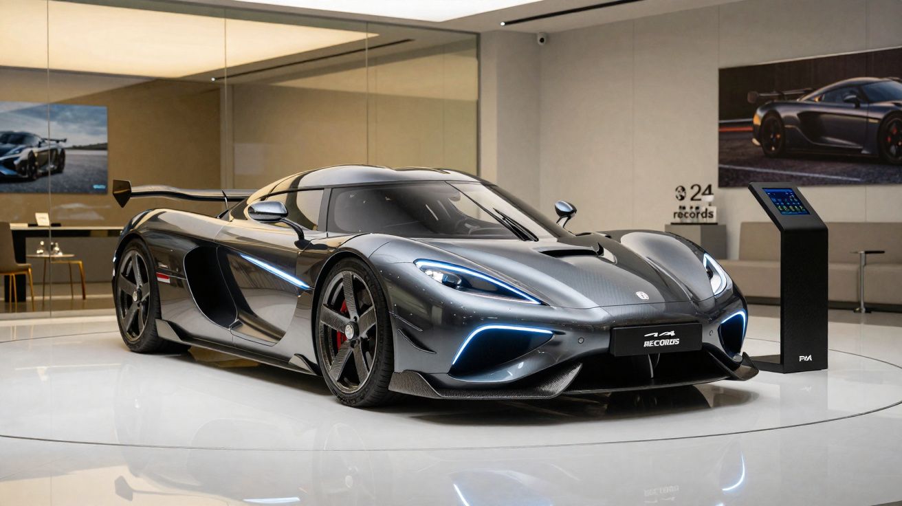 Carro esportivo preto brilhante exibido em showroom moderno com iluminação suave e painéis espelhados.