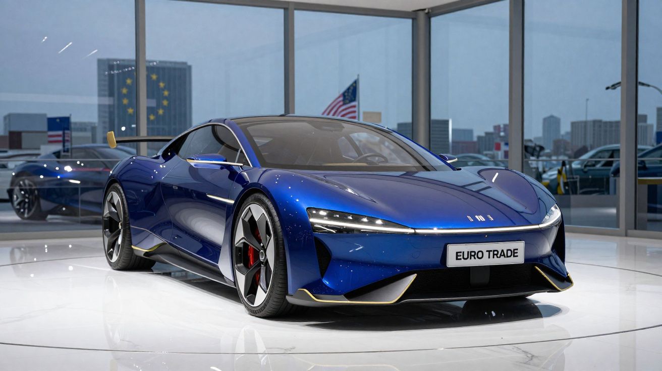 Carro esportivo elétrico azul exibido em salão de carros com janelas grandes e reflexos no chão branco.