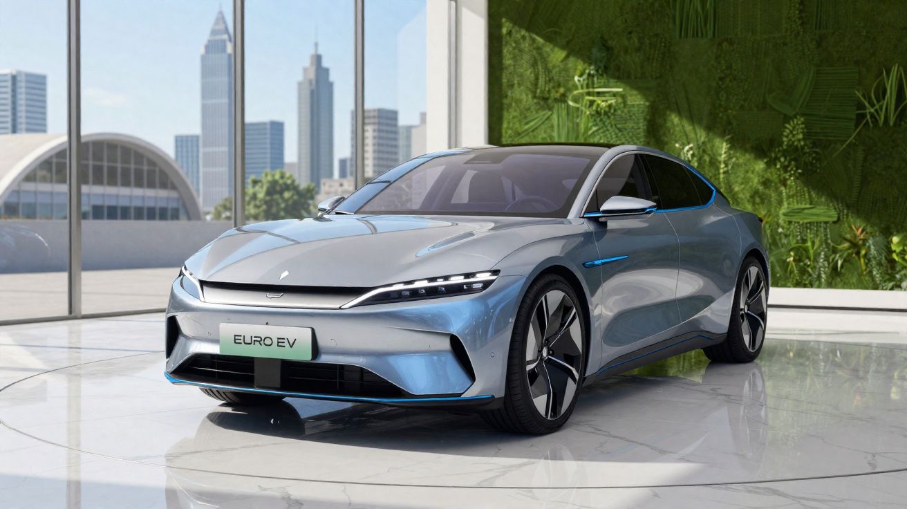 Carro elétrico cinza modelo Euro EV em ambiente moderno com vista para área urbana ao fundo.