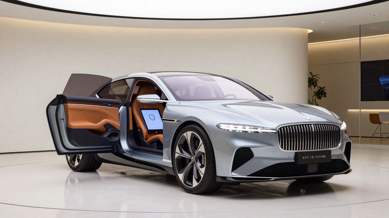 Carro elétrico prata com portas abertas, interior caramelo e tela digital no banco traseiro, exibido em ambiente moderno.