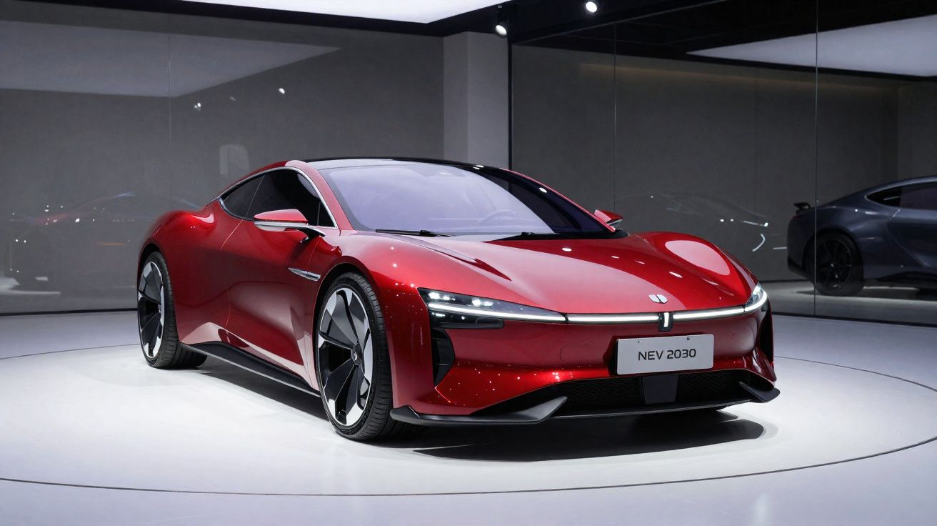 Carro esportivo vermelho futurista em exposição com placa frontal NEV 2030 e rodas aerodinâmicas.