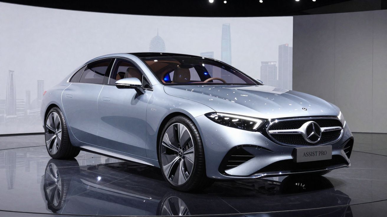 Carro prata Mercedes-Benz expositor com design moderno e rodas grandes, ambiente interno com iluminação azul.