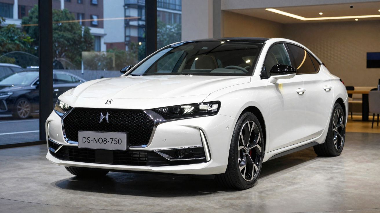 Carro branco DS 9 sedan estacionado em showroom moderno com chão de concreto polido.