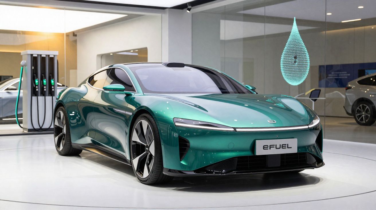 Carro esportivo elétrico verde brilhante exibido em ambiente moderno com estação de recarga ao fundo.