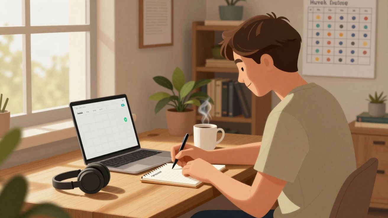 Homem jovem escrevendo em caderno com laptop, fones e xícara quente numa mesa perto da janela.
