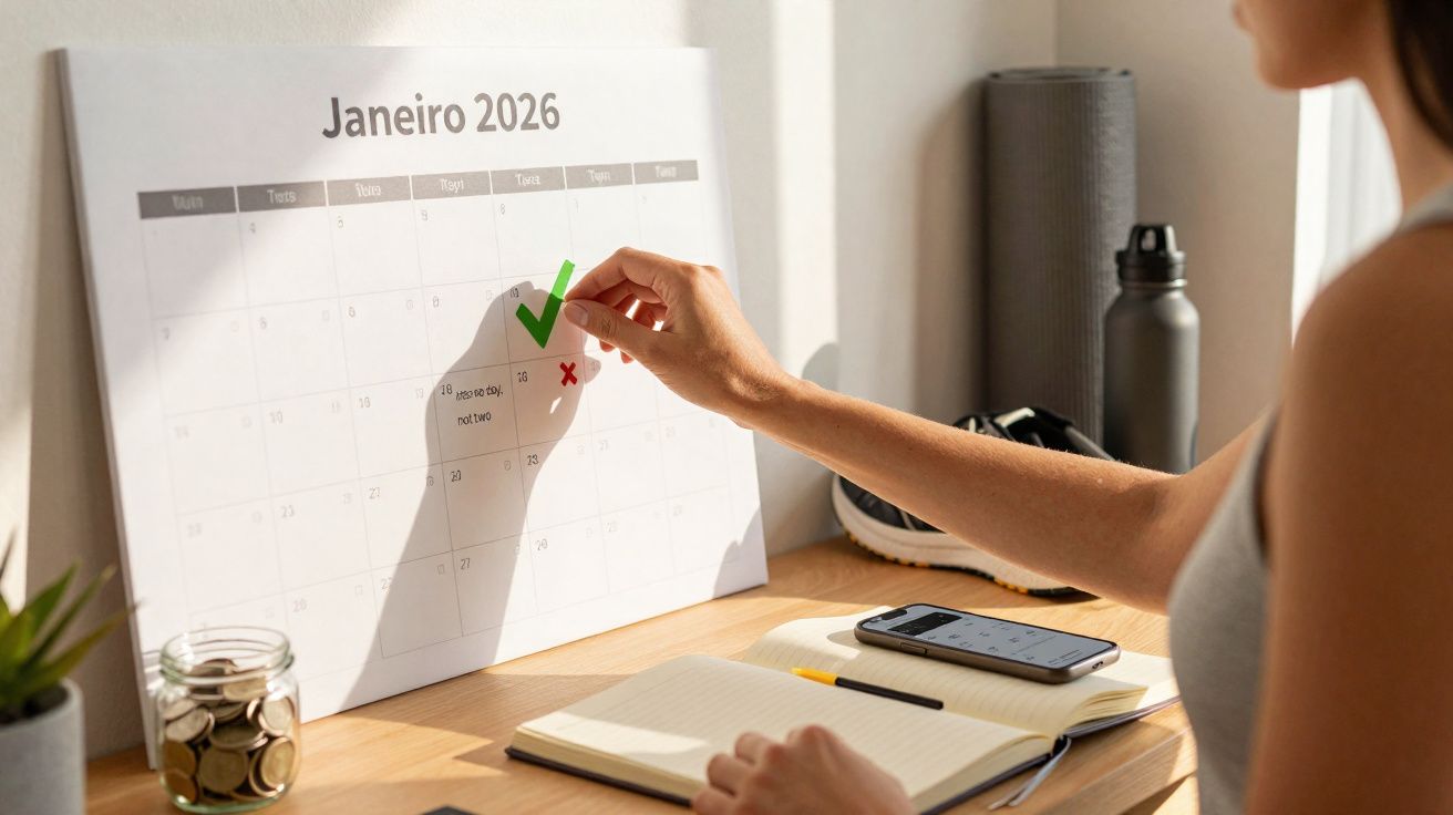 Pessoa marcando com adesivo verde um dia no calendário de janeiro de 2026 em ambiente de trabalho.