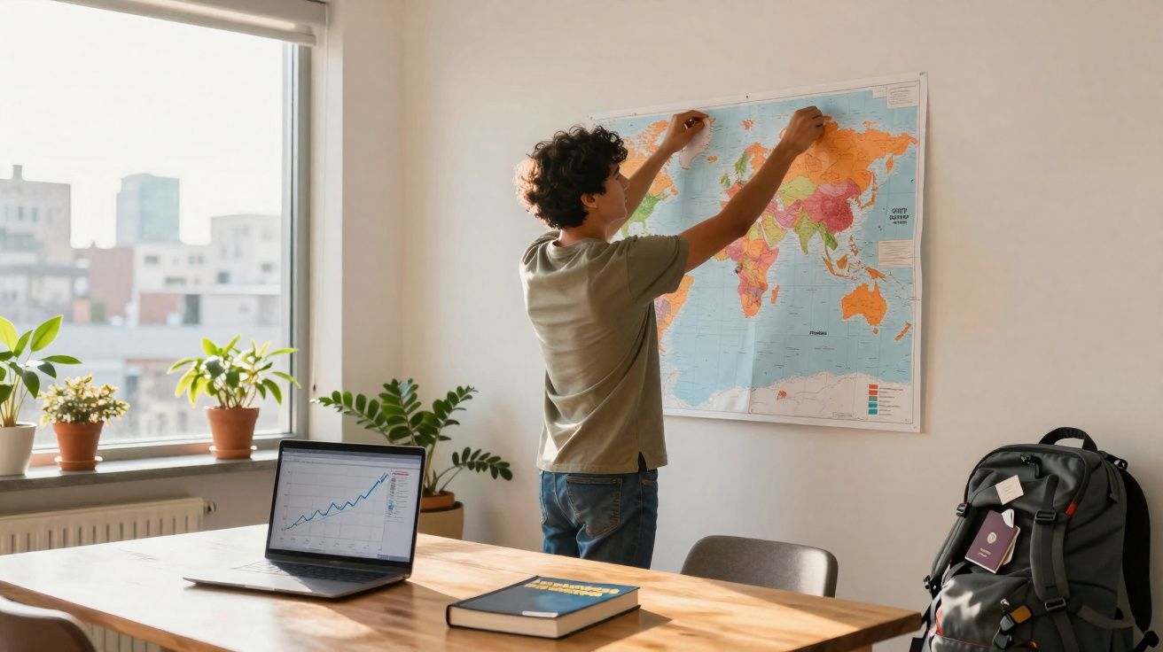 Homem jovem fixando um mapa-múndi na parede de uma sala iluminada com laptop e livro na mesa.