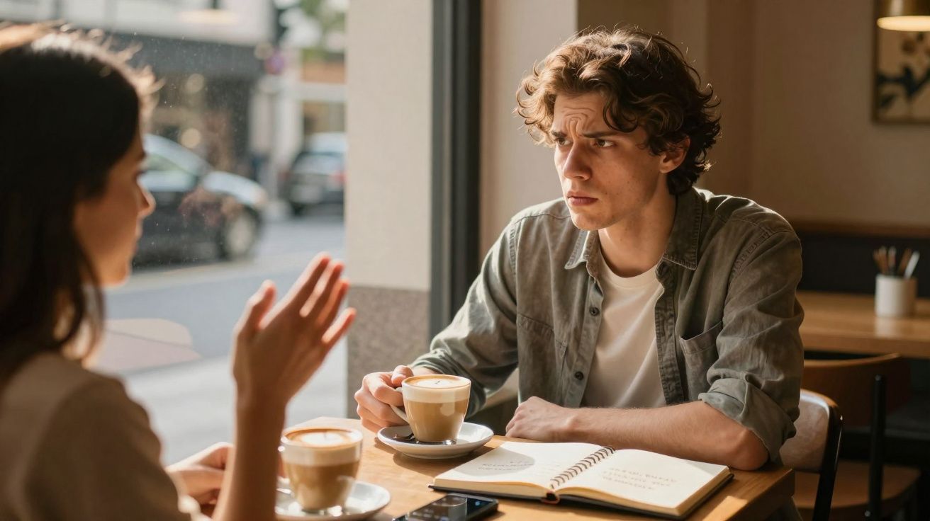 Homem ouvindo atentamente mulher enquanto tomam café em cafeteria durante o dia.
