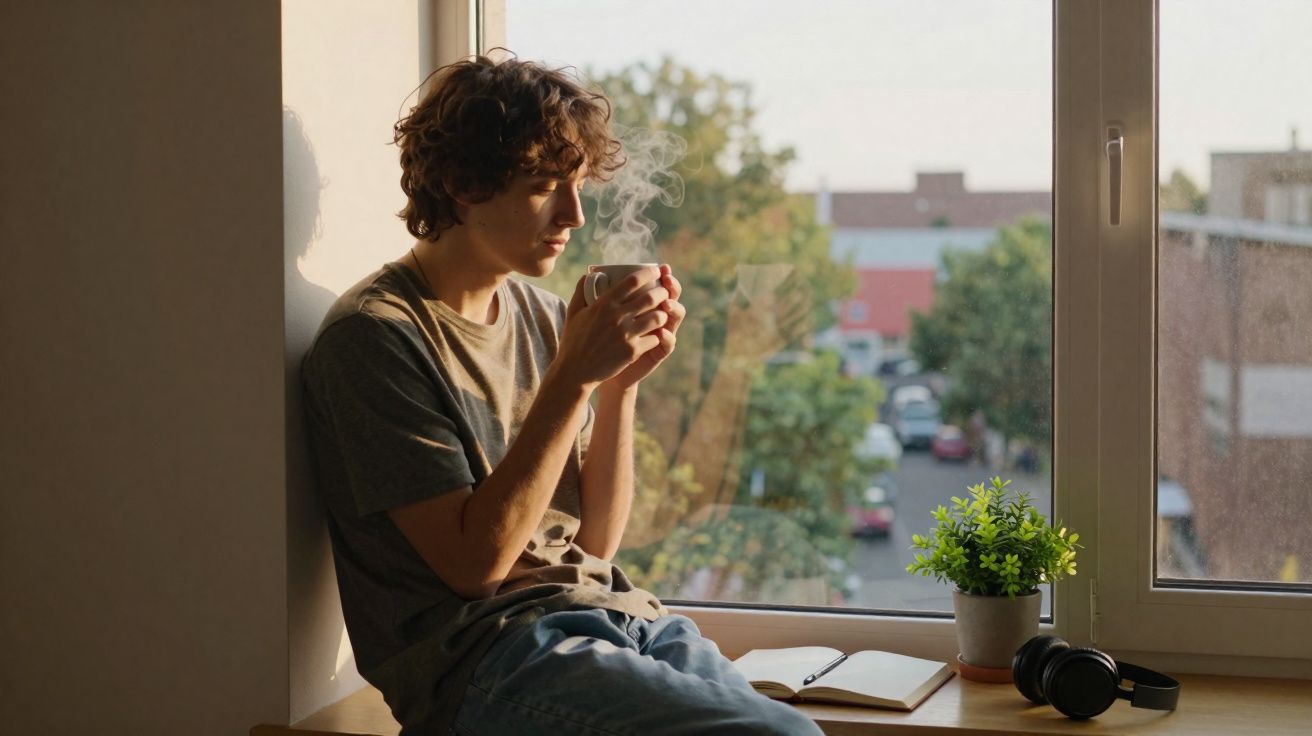 Jovem sentado na janela tomando café, com caderno, fone de ouvido e planta ao lado.