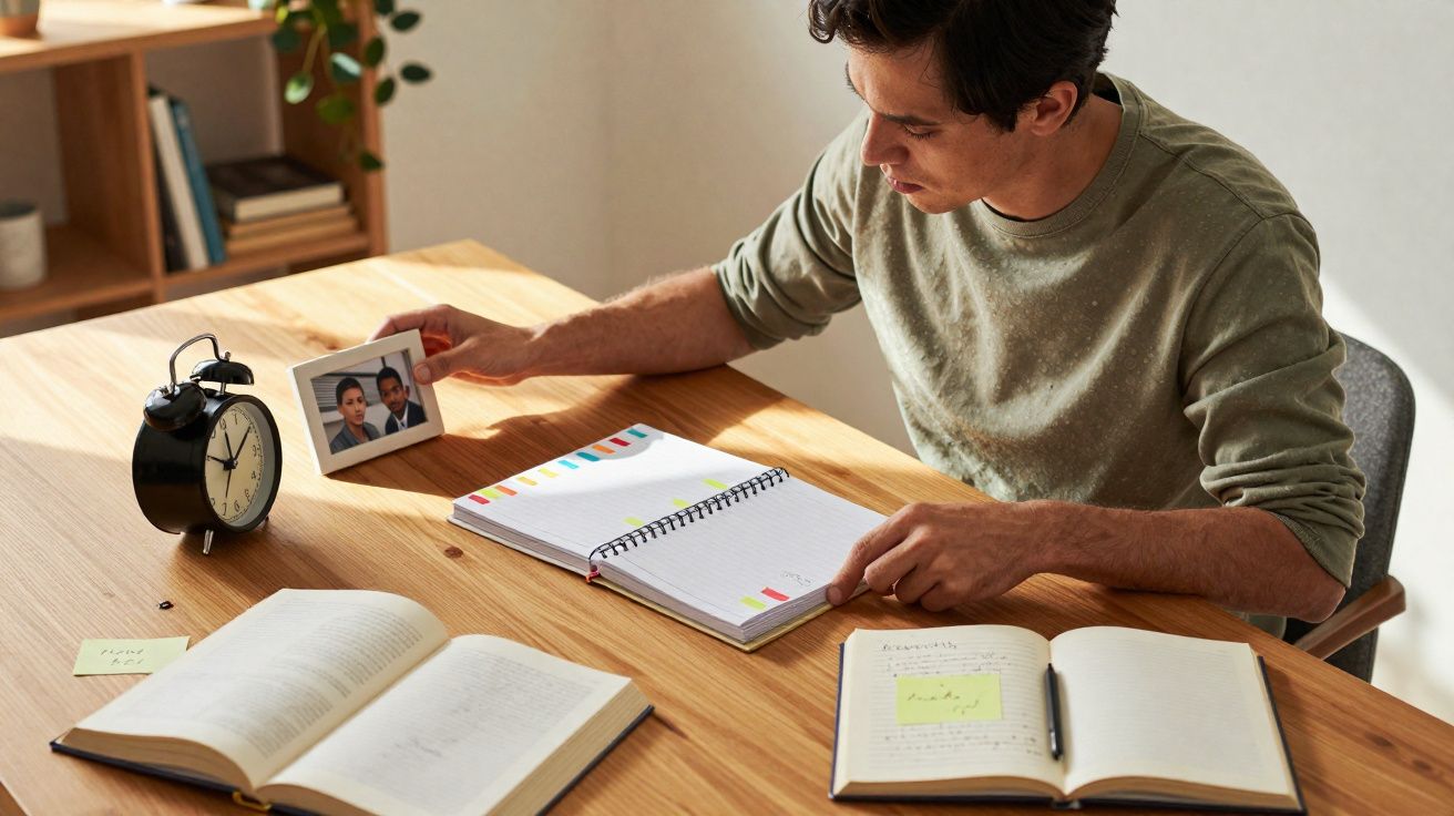 Homem sentado à mesa estudando caderno, olhando foto em porta-retrato com livros e despertador.