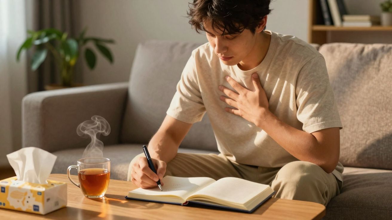 Homem sentado no sofá escrevendo em caderno, com caixa de lenços e xícara de chá fumegante na mesa.