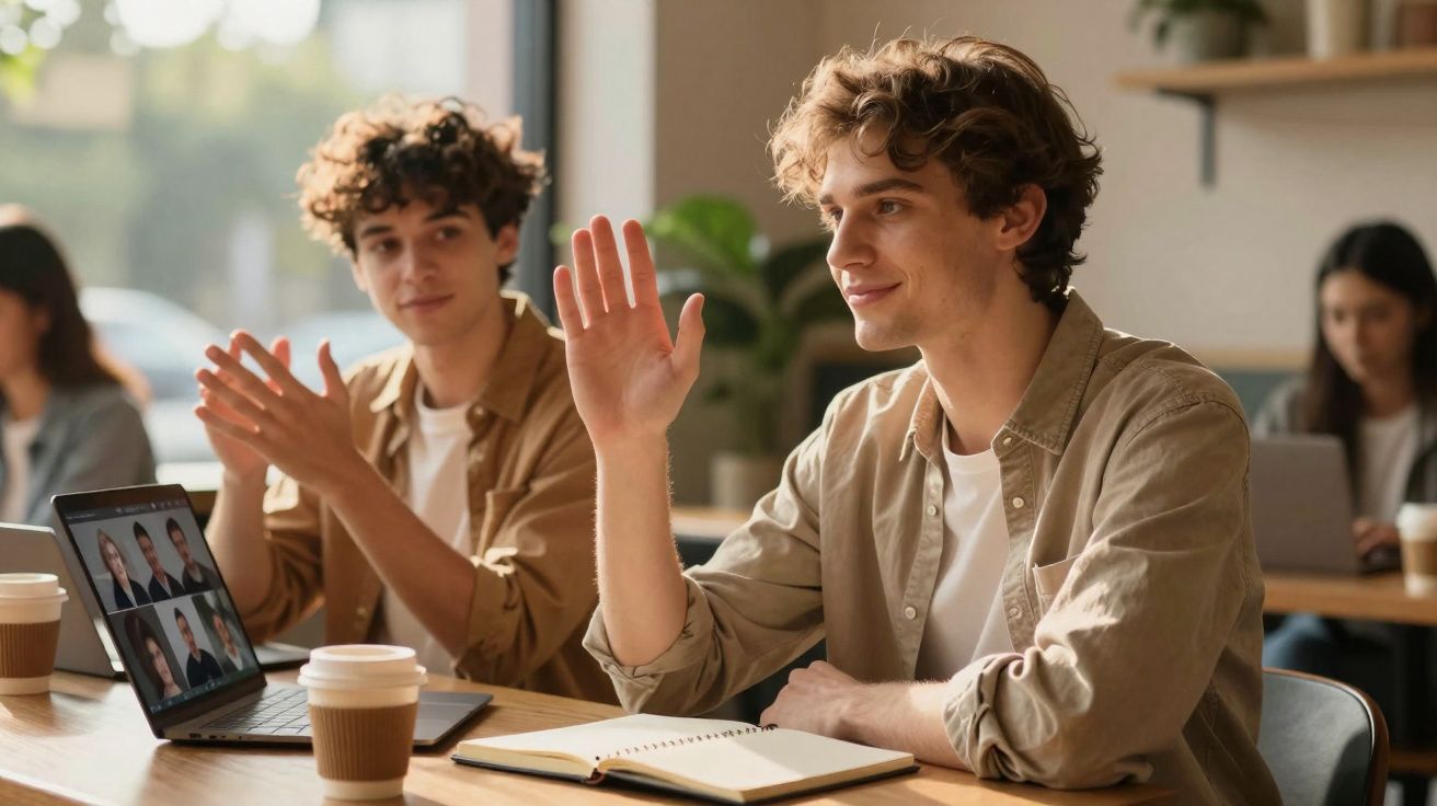 Jovem em aula levantando a mão, colega ao lado aplaudindo, laptops e café na mesa.