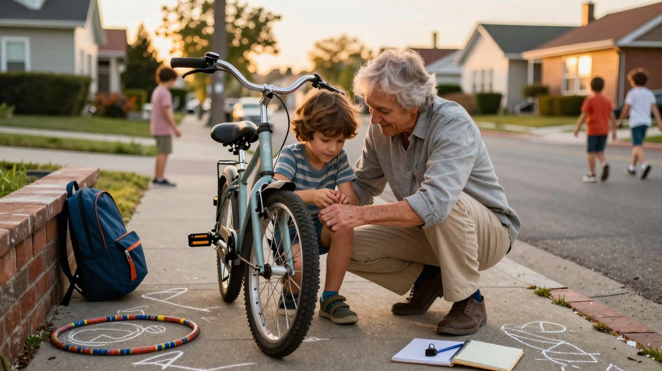 Avô ajuda menino a consertar bicicleta na calçada de bairro residencial ao entardecer.