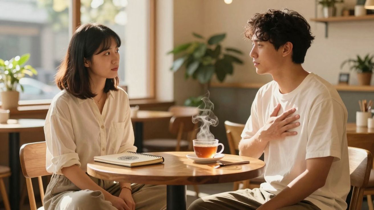 Casal sentado à mesa de café conversando, com xícara de chá fumegante entre eles.