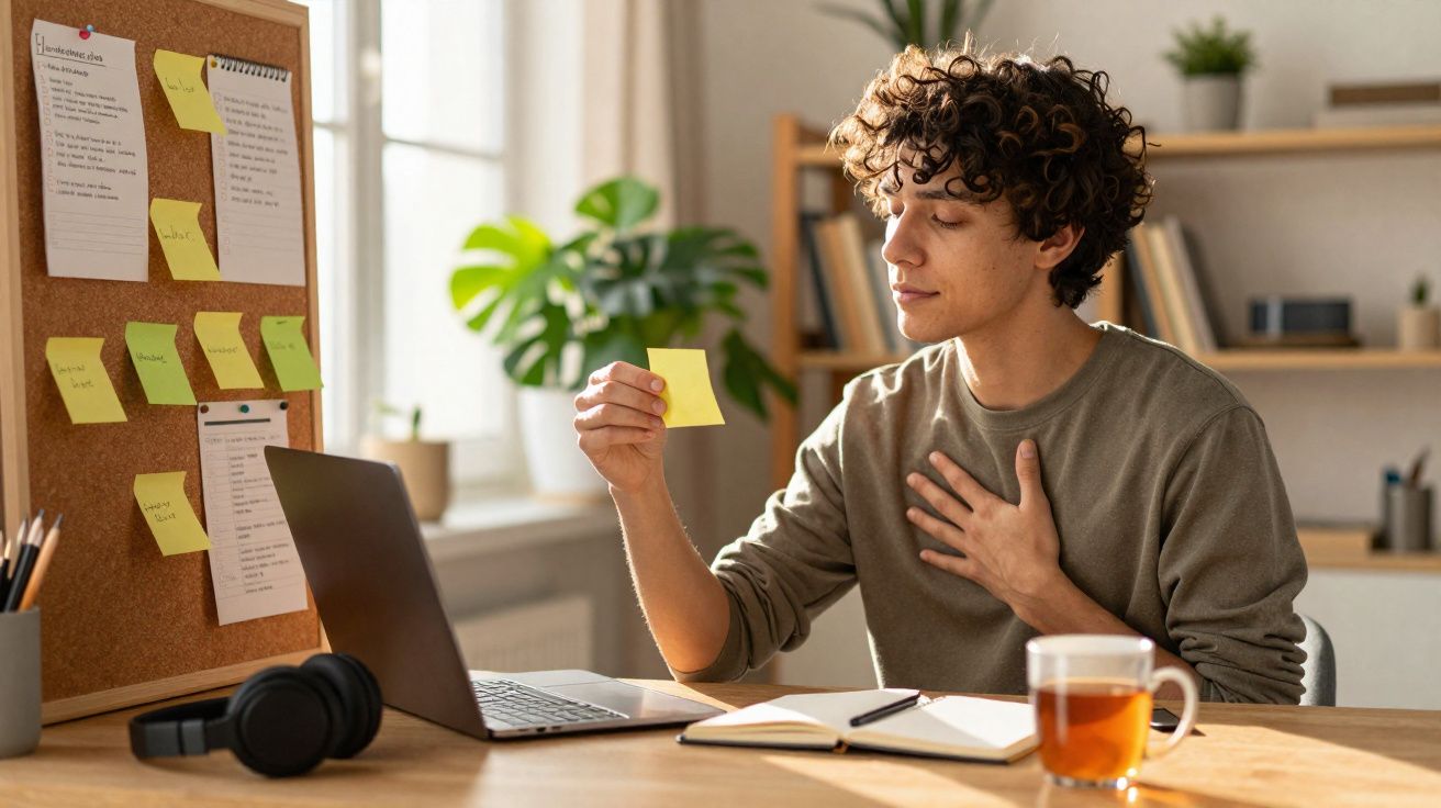 Jovem realiza autoafirmação enquanto estuda em casa, segurando um post-it amarelo sentado à mesa com laptop e chá.