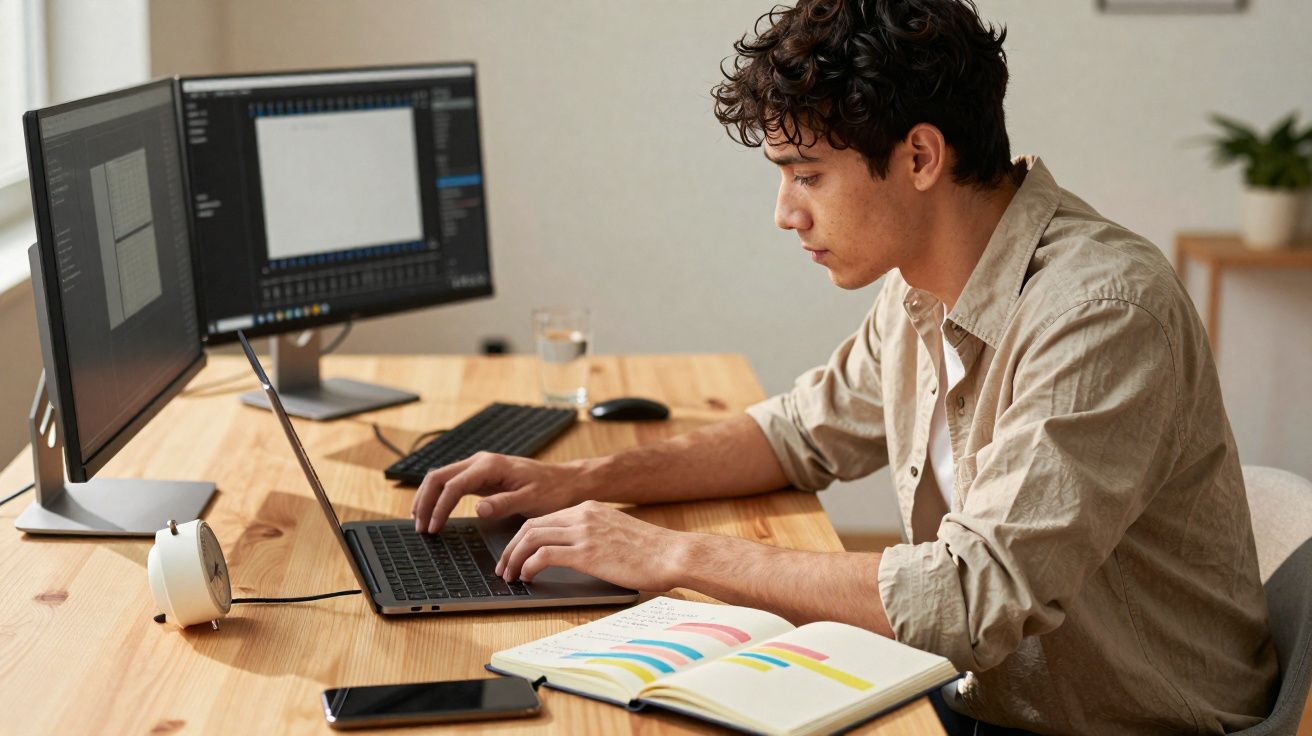 Jovem trabalhando em laptop com dois monitores e caderno colorido em mesa de madeira clara.