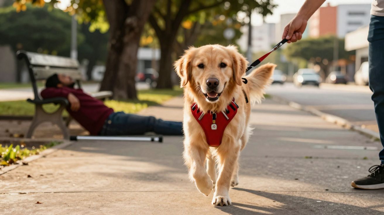 Cachorro Golden Retriever com coleira vermelha sendo conduzido pela coleira em calçada urbana ensolarada.