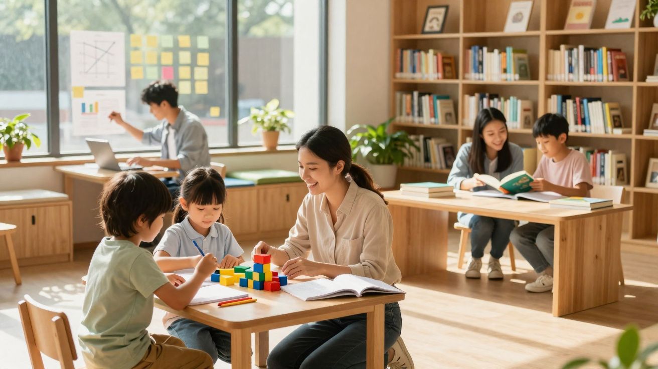 Sala de aula com crianças e professoras interagindo e estudando em mesas com livros e blocos coloridos.