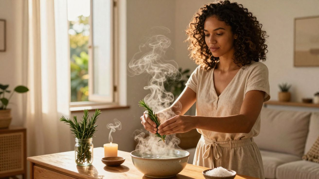 Mulher em ambiente acolhedor usando ervas em vapor sobre uma tigela em mesa de madeira.